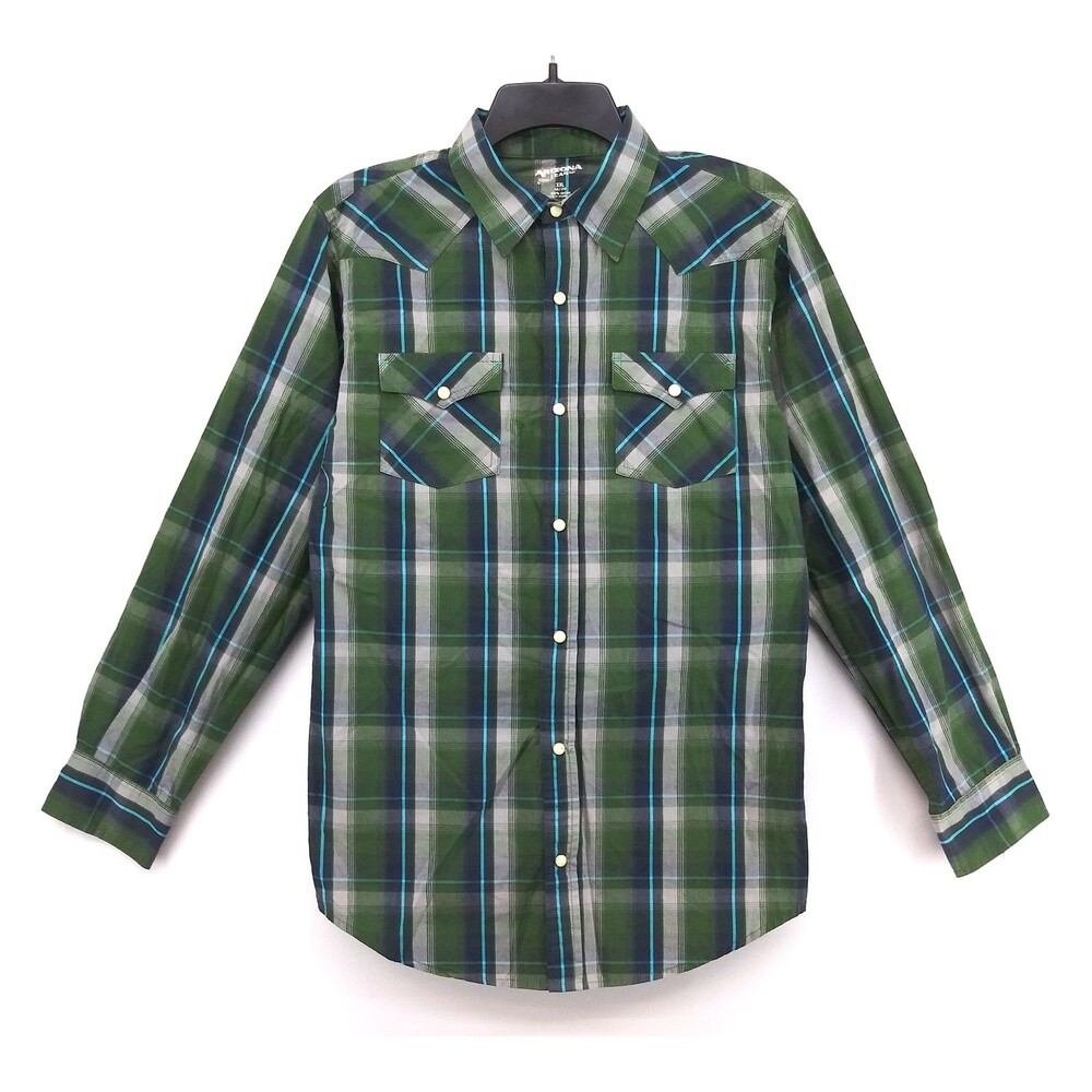 Arizona Jean Co Shirt Youth Size XXL Green Plaid Pearl Snap Long Sleeve Western